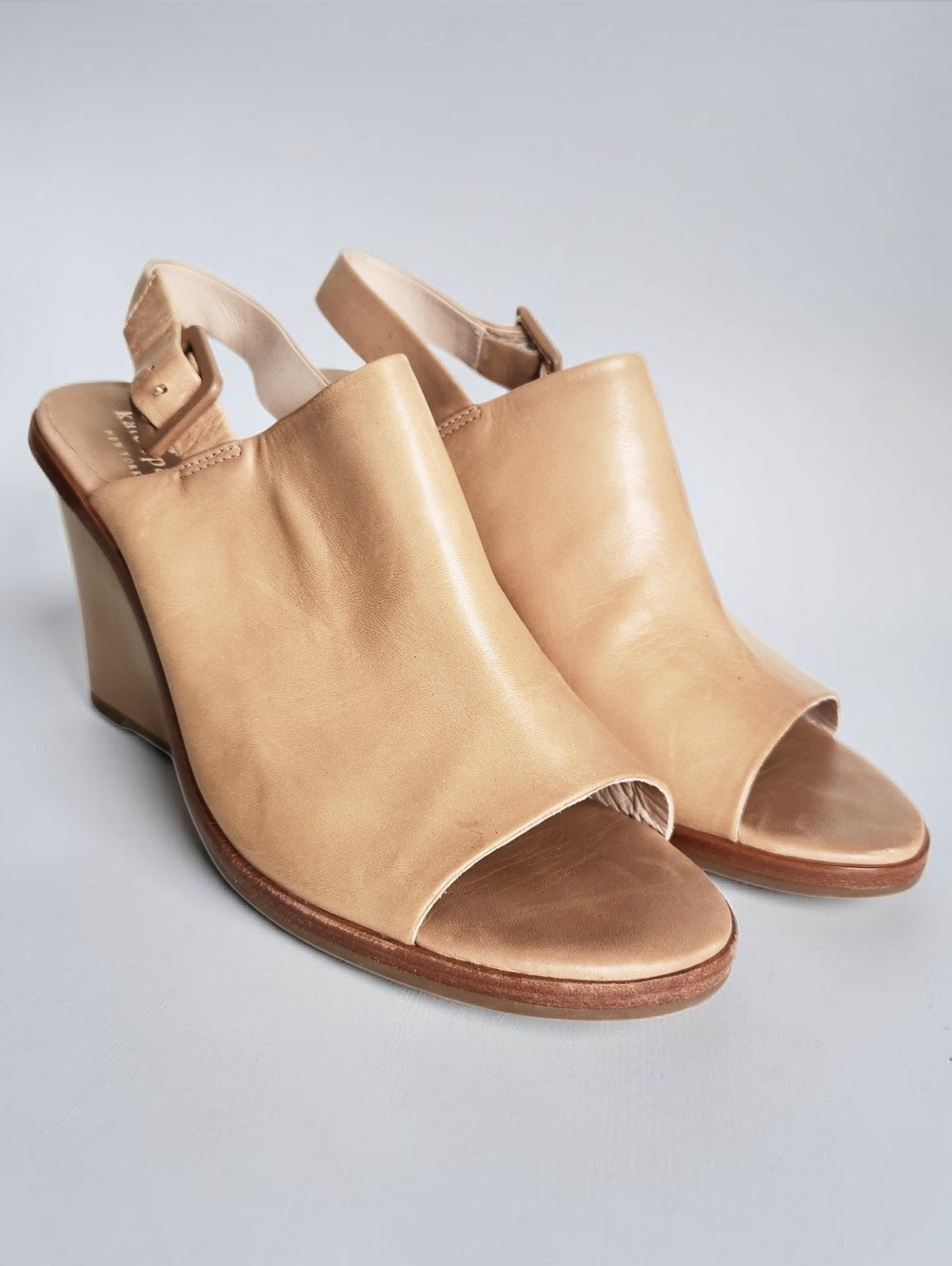 Kate Spade Nilena Tan Leather Sling Back Shoes Wedge Open Toe Sandals Size 8